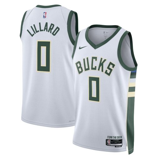 Nike Milwaukee Bucks #0 Damian Lillard Unisex Fear The Deer Swingman Player Jersey - Association Edition - White - Image 3