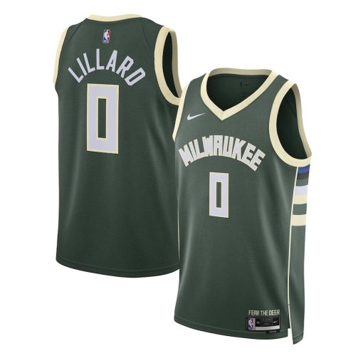 Nike Milwaukee Bucks #0 Damian Lillard Unisex Swingman Jersey - Icon Edition - Hunter Green - Image 3