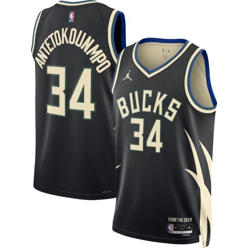 Jordan Milwaukee Bucks #34 Giannis Antetokounmpo Unisex Swingman Jersey - Statement Edition - Black - Image 3