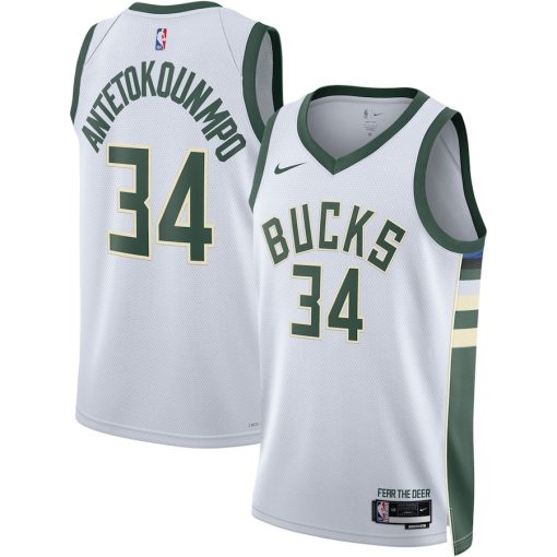 Nike Milwaukee Bucks #34 Giannis Antetokounmpo Unisex Swingman Jersey - Association Edition - White - Image 3