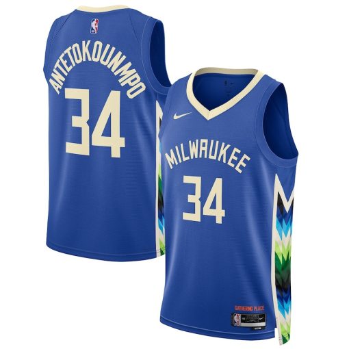 Nike Milwaukee Bucks #34 Giannis Antetokounmpo Unisex 2022/23 Swingman Jersey - City Edition - Royal - Image 3