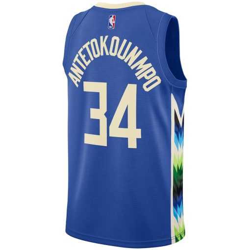 Nike Milwaukee Bucks #34 Giannis Antetokounmpo Unisex 2022/23 Swingman Jersey - City Edition - Royal - Image 2