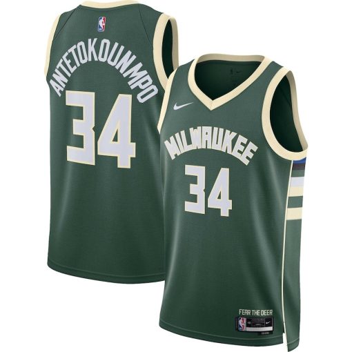 Nike Milwaukee Bucks #34 Giannis Antetokounmpo Unisex Swingman Jersey - Icon Edition - Hunter Green - Image 3