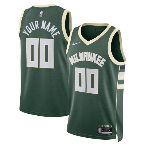 Nike Milwaukee Bucks #00 Unisex Swingman Custom Jersey Hunter Green - Icon Edition - Image 3